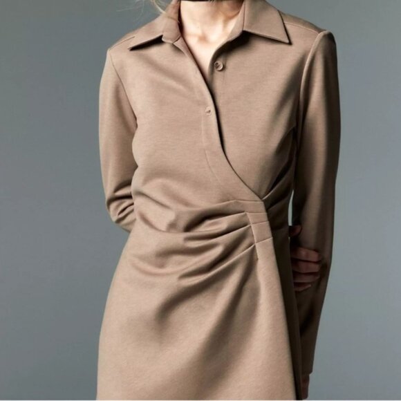 Zara Tan Pleated Shirt Jacket Size XL - Picture 1 of 8